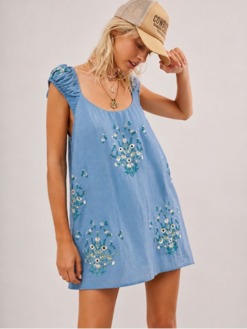 Free People Wildflower Embroidered Mini Dress Copen Blue Linen Blend